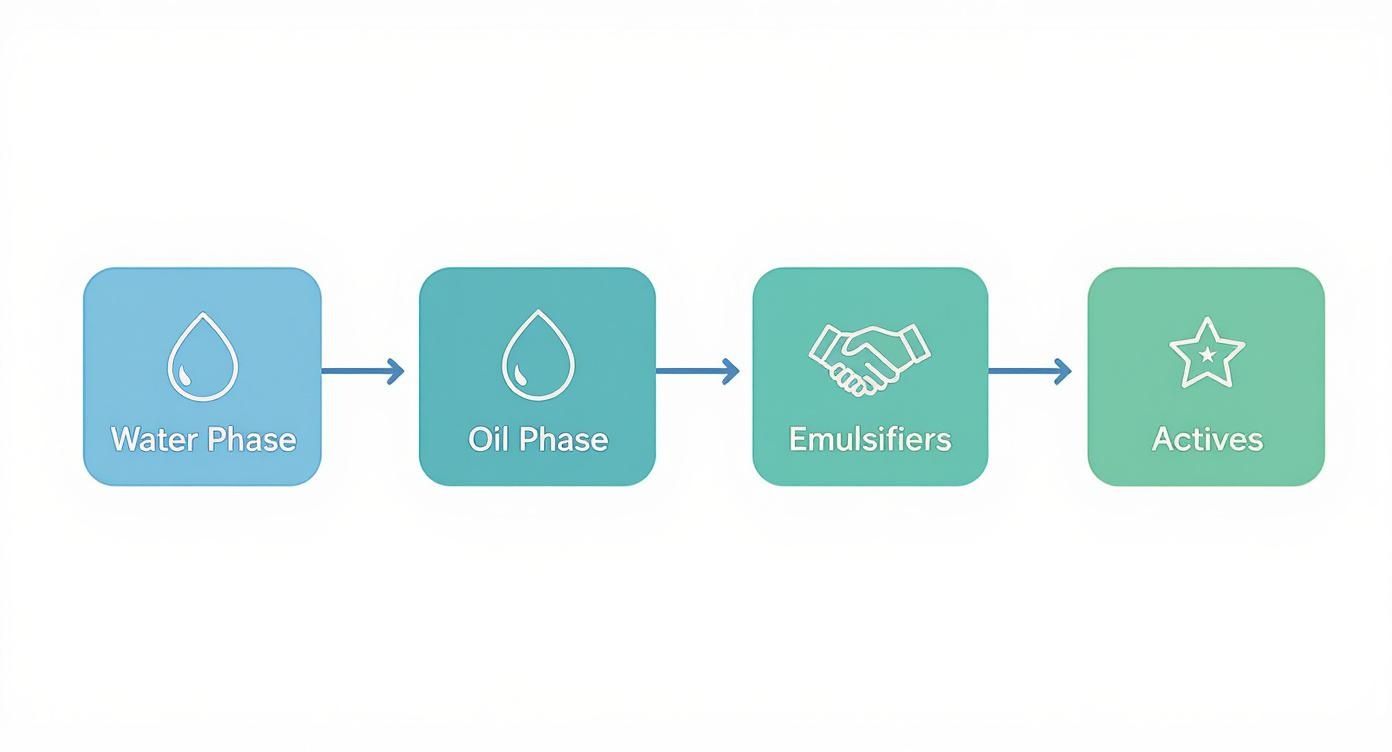 A process flow diagram illustrating water phase, oil phase, emulsifiers, and actives in cosmetic formulation.