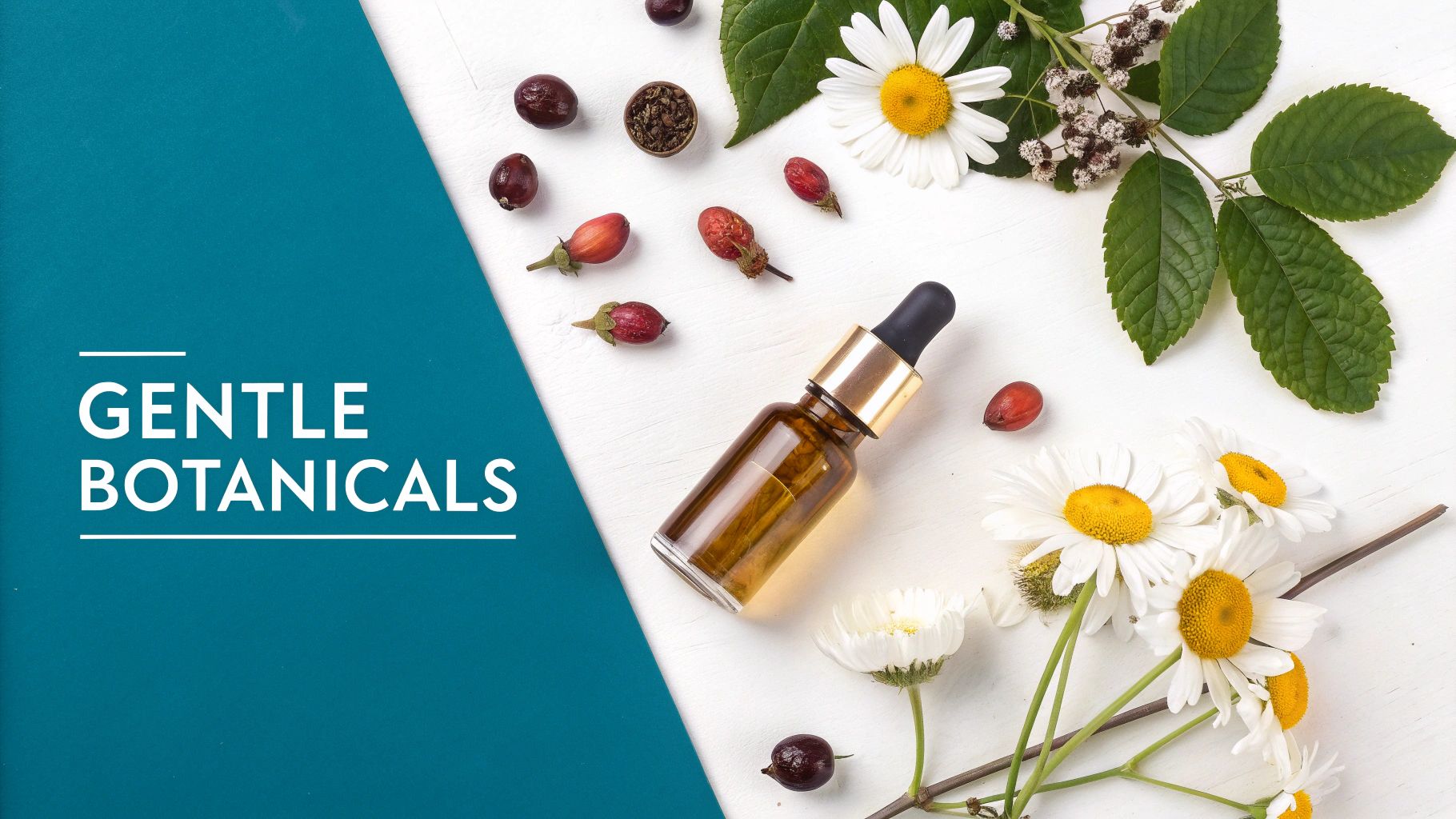 Top-down view of a botanical oil dropper bottle with natural ingredients like daisies, leaves, and berries.