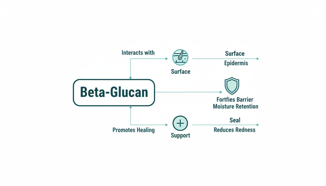 A diagram illustrating the benefits of Beta-Glucan for skin, including surface interaction, barrier fortification, and healing.