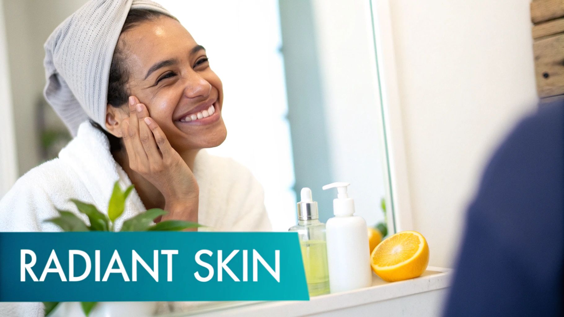 A smiling woman in a robe and hair towel touches her face, looking at her radiant reflection with skincare products.
