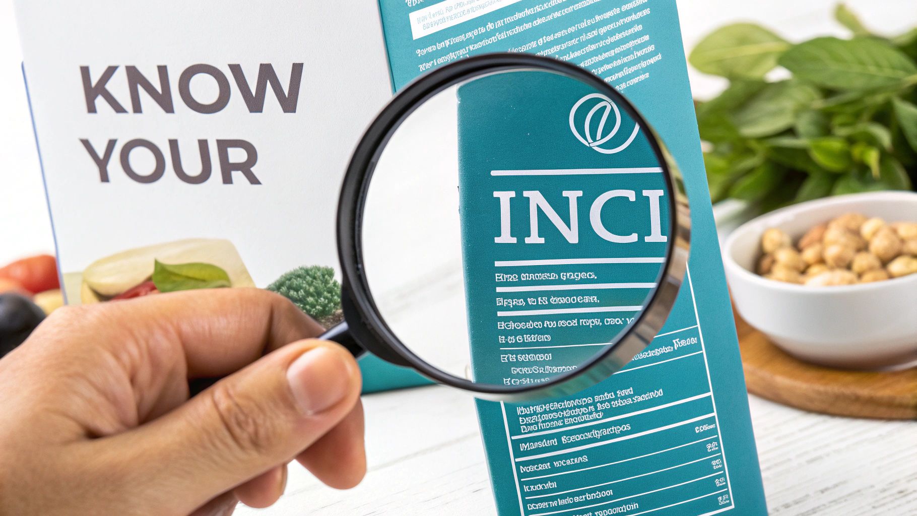 A hand holds a magnifying glass over a cosmetic product label showing "INCI" with "KNOW YOUR" on another label.