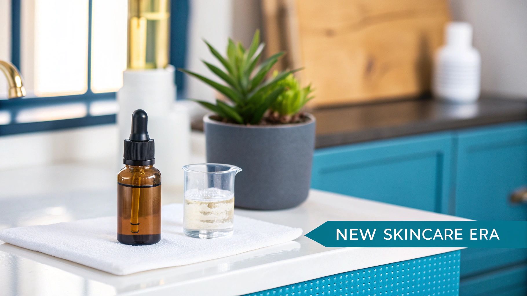 Amber dropper bottle and beaker with liquid on a white counter, with a plant and teal cabinets.