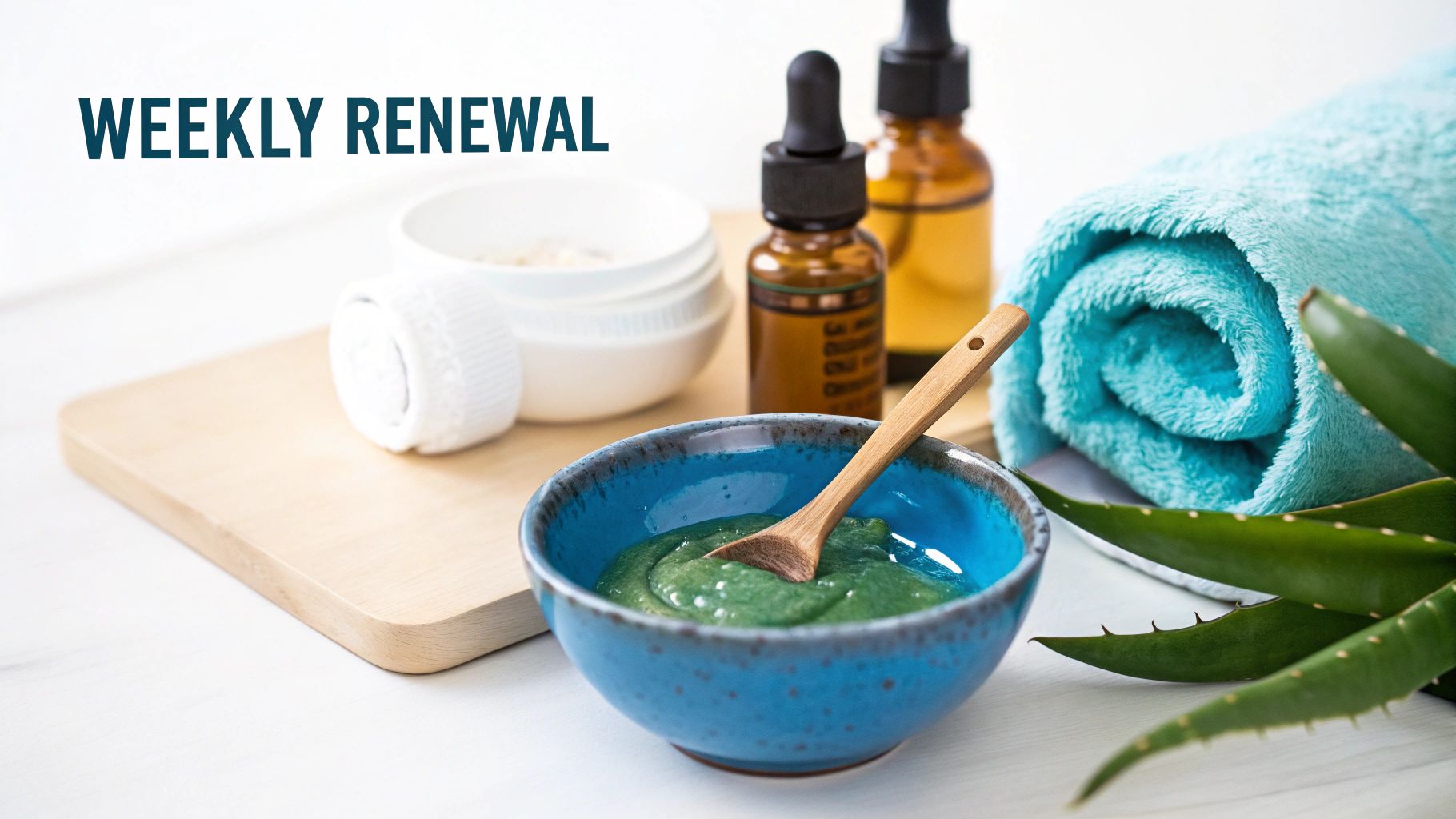A spa setup with a blue bowl of green face mask, essential oils, a rolled blue towel, and aloe vera leaves.