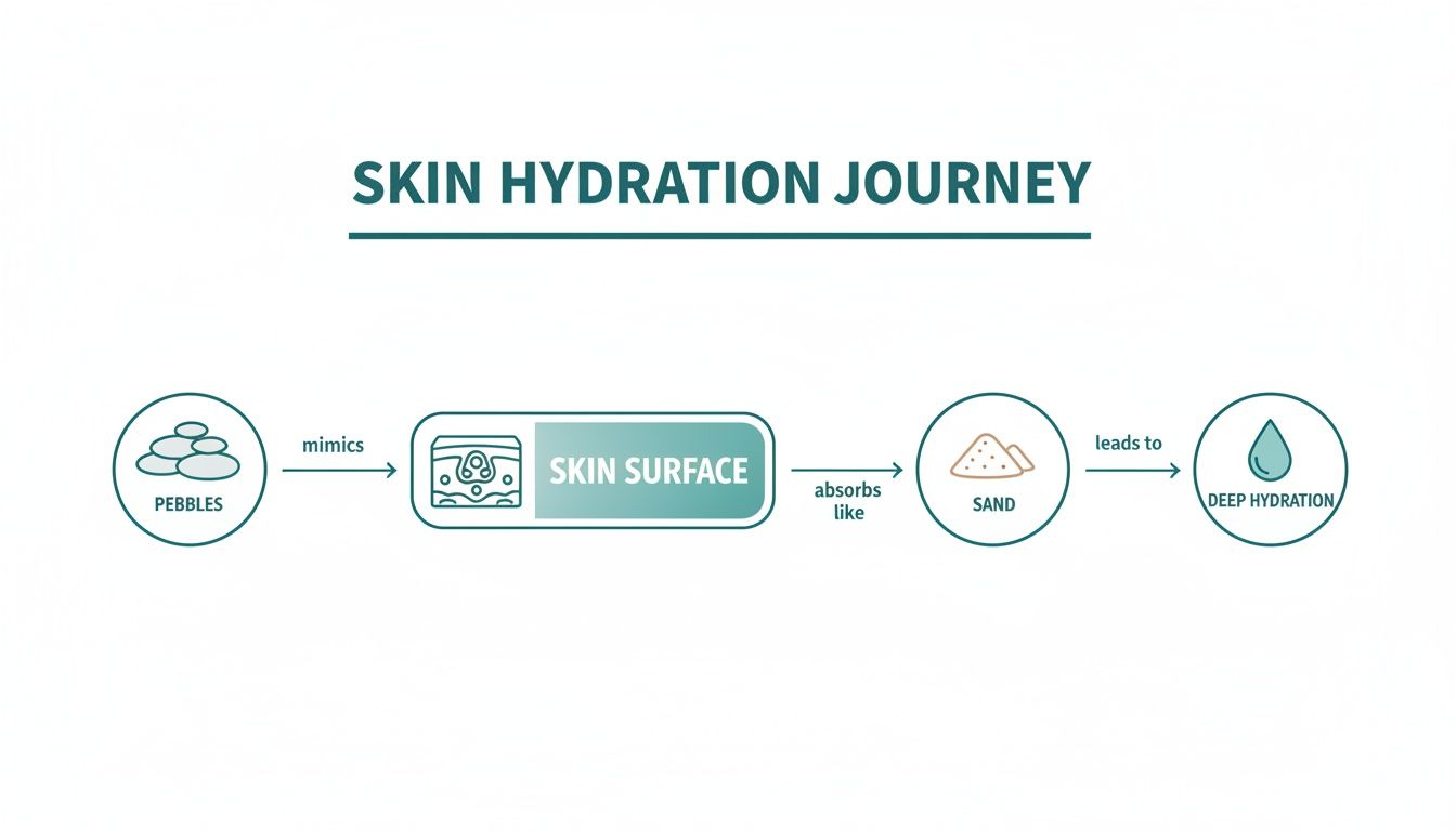 A flowchart diagram illustrating the skin hydration journey, from pebbles mimicking skin to deep hydration.