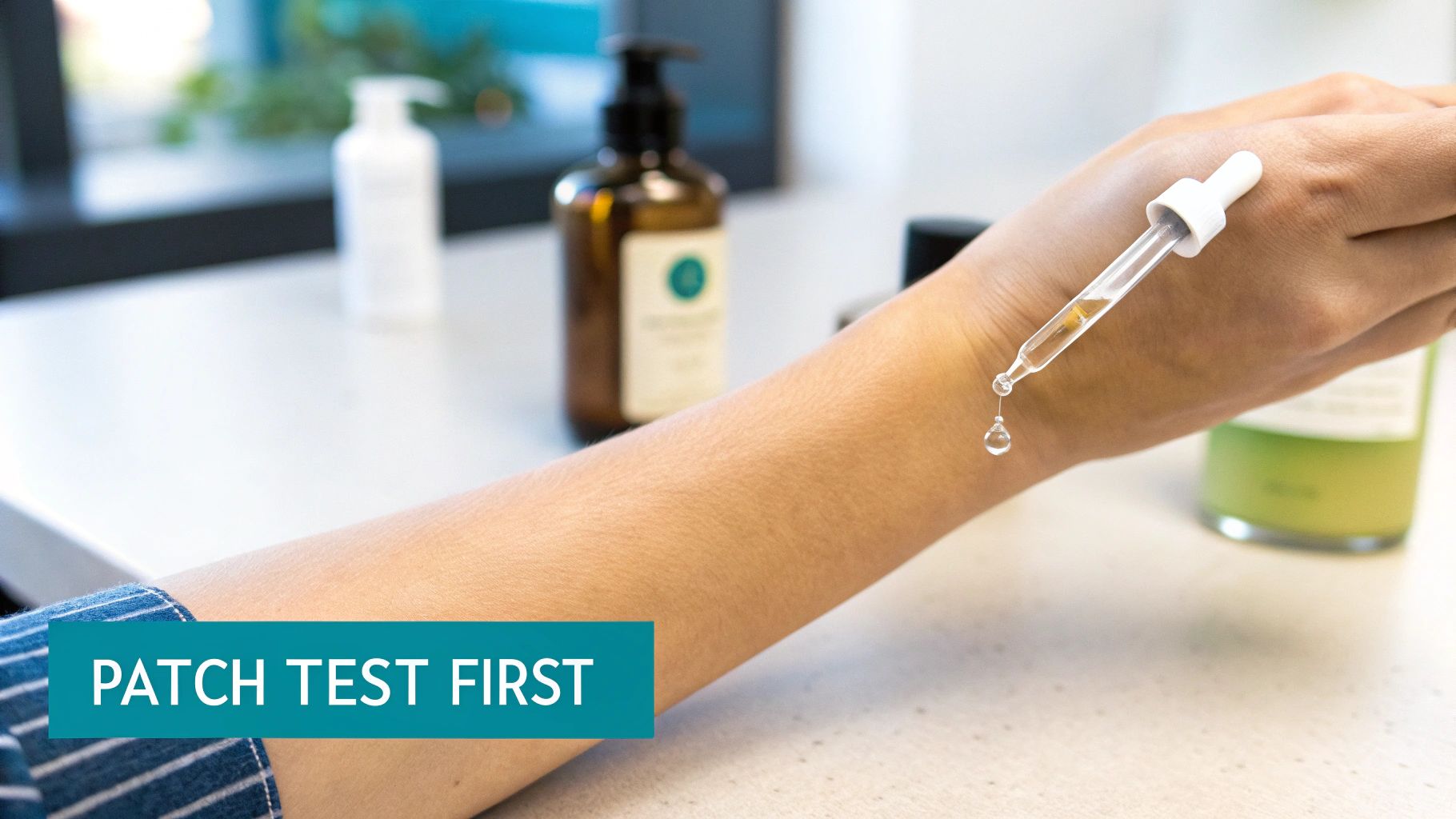 A person applies a drop of liquid from a dropper to their forearm for a patch test, with skincare bottles in the background.