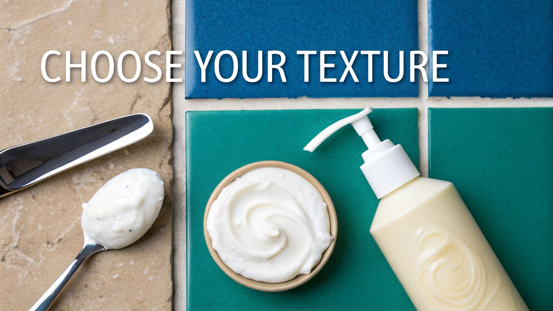 Three distinct cosmetic textures: granular cream on a spoon, smooth cream in a bowl, and lotion in a bottle.