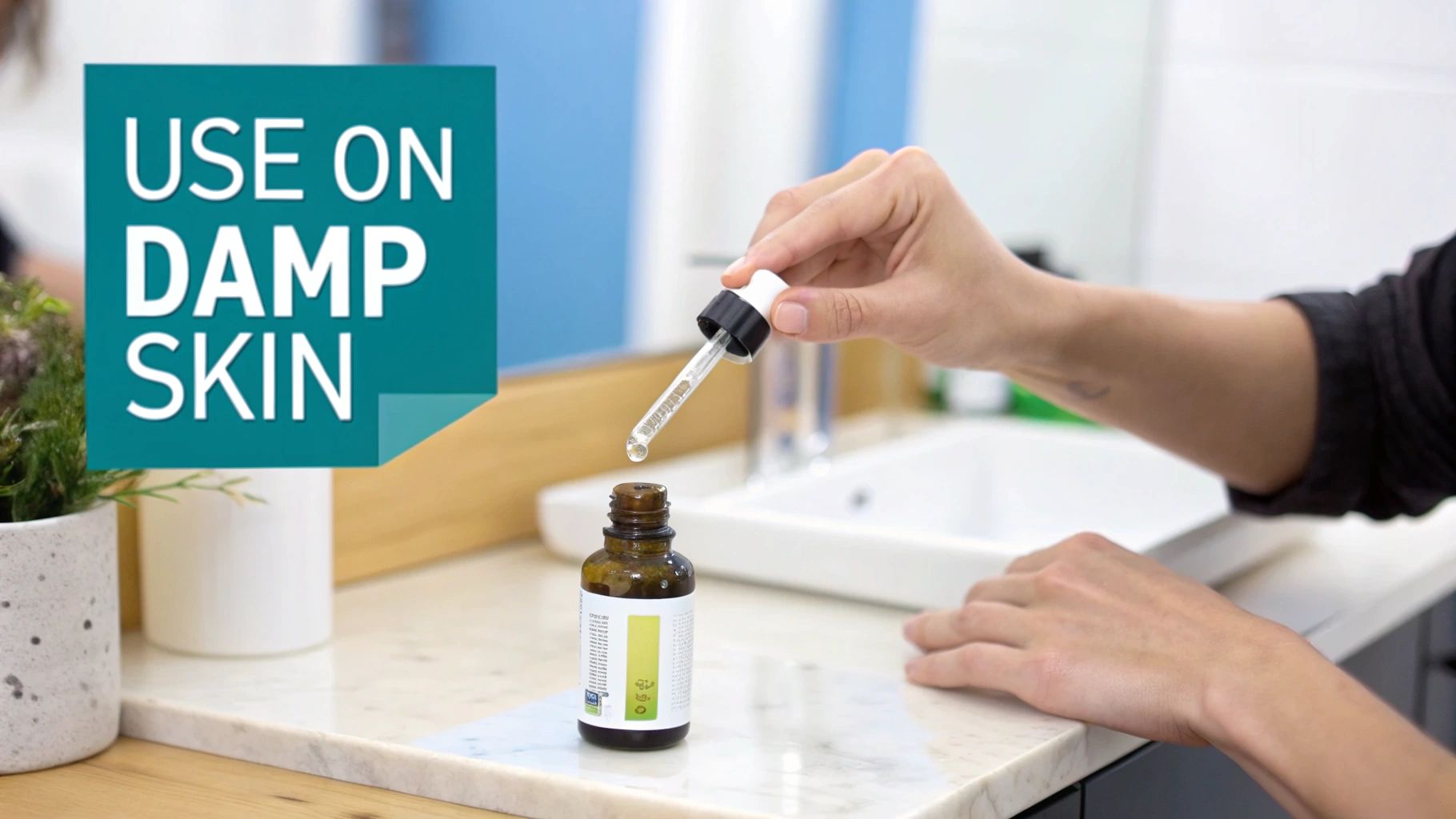 A hand dispenses serum with a dropper into a brown bottle on a counter, with text 'USE ON DAMP SKIN'.