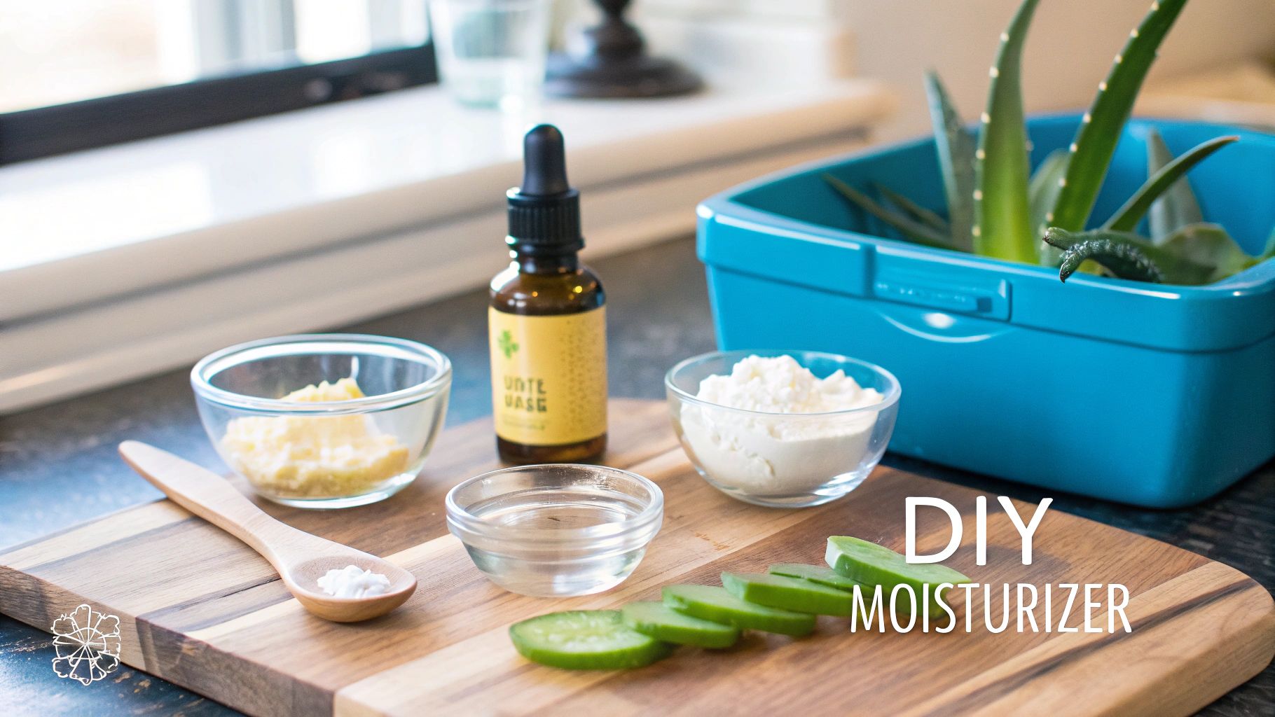 Ingredients for DIY moisturizer laid out on a wooden board, including aloe vera, oils, and powders.