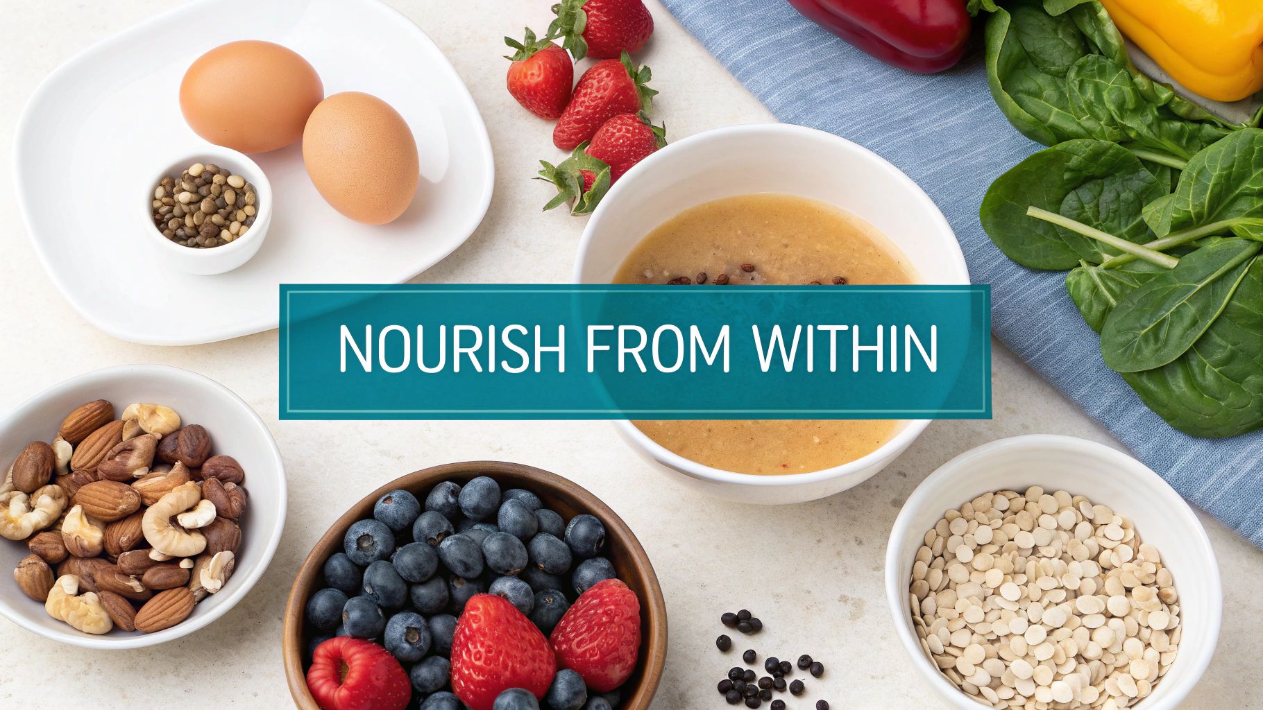 A vibrant flat lay of healthy ingredients including eggs, nuts, berries, spinach, and lentils, with 'NOURISH FROM WITHIN' text.