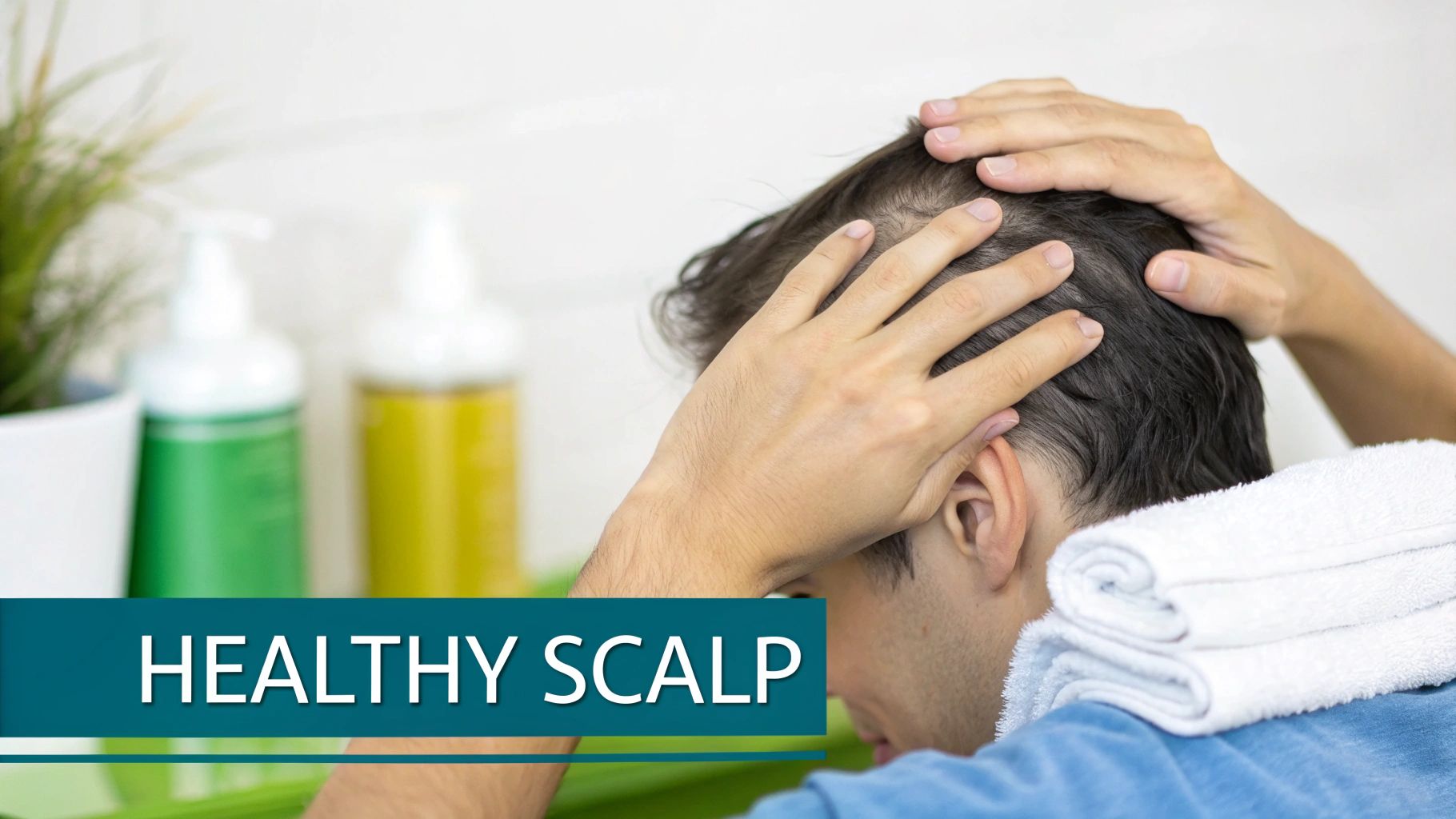 A person with dark hair examines their scalp, with hair care products in the background, promoting a healthy scalp.