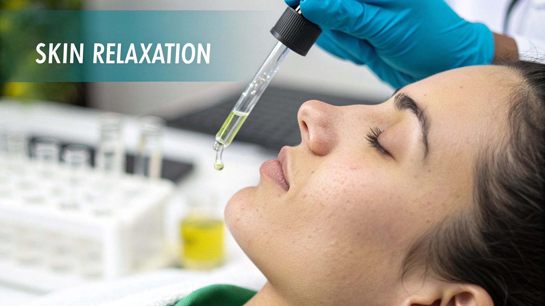 A person receiving a skin treatment, with a dropper applying green serum to their relaxed face.