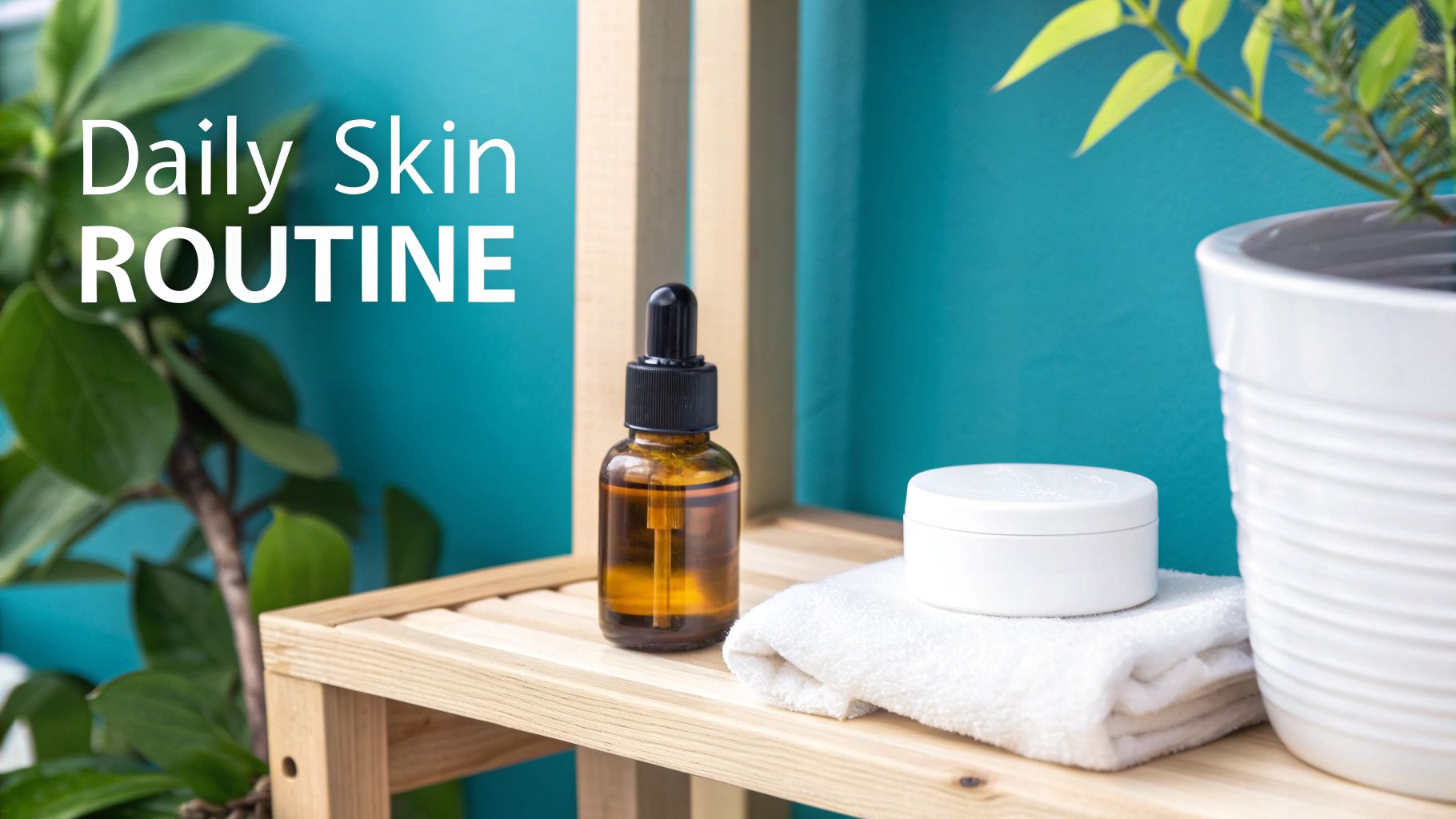 Brown dropper bottle, white cream jar, and a white towel on a wooden shelf, symbolizing a daily skin routine.