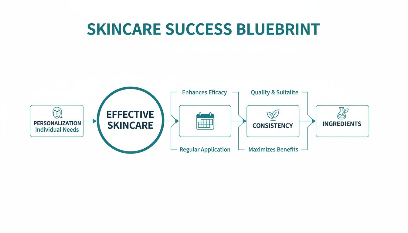 Flowchart illustrating a skincare success blueprint, emphasizing personalization, effective products, consistency, and quality ingredients.