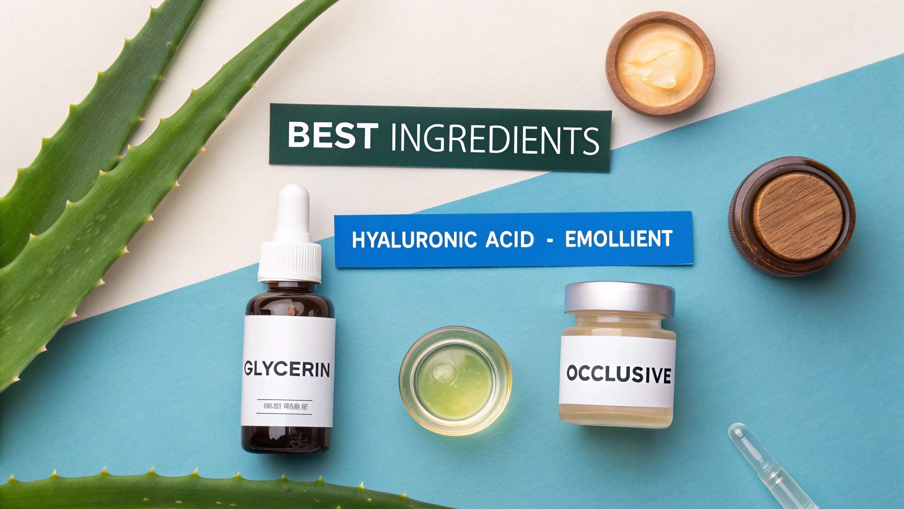 Flat lay of skincare ingredients including glycerin, hyaluronic acid, occlusive, and fresh aloe vera leaves.