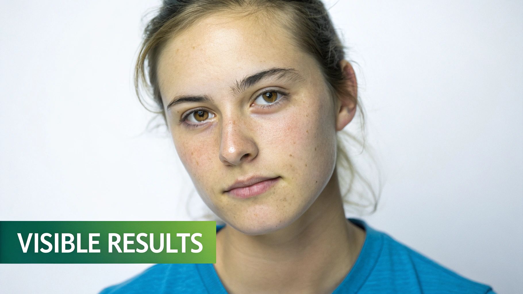 A young woman with natural skin and freckles looks directly at the camera, with a 'VISIBLE RESULTS' banner.