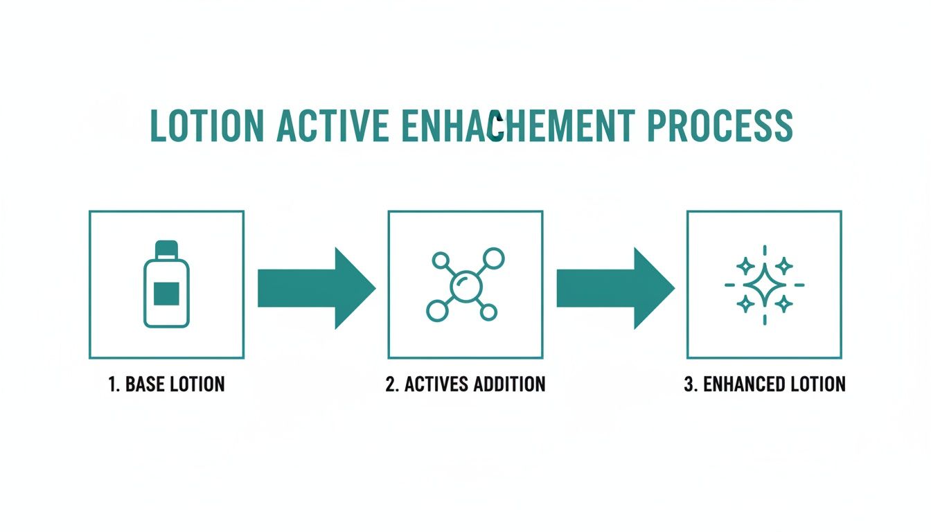 A three-step flowchart shows a lotion enhancement process: base lotion, actives addition, and enhanced lotion.