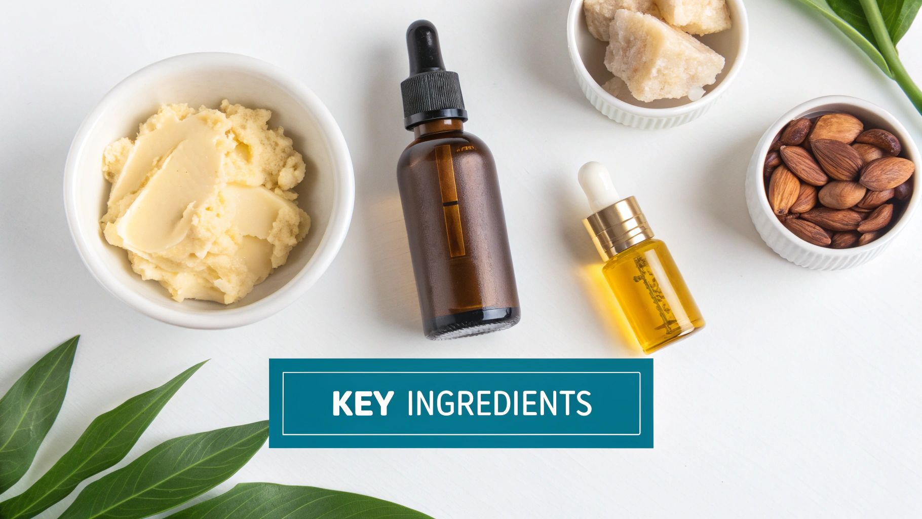 A collection of natural skincare ingredients like oils, butters, and flowers arranged on a surface