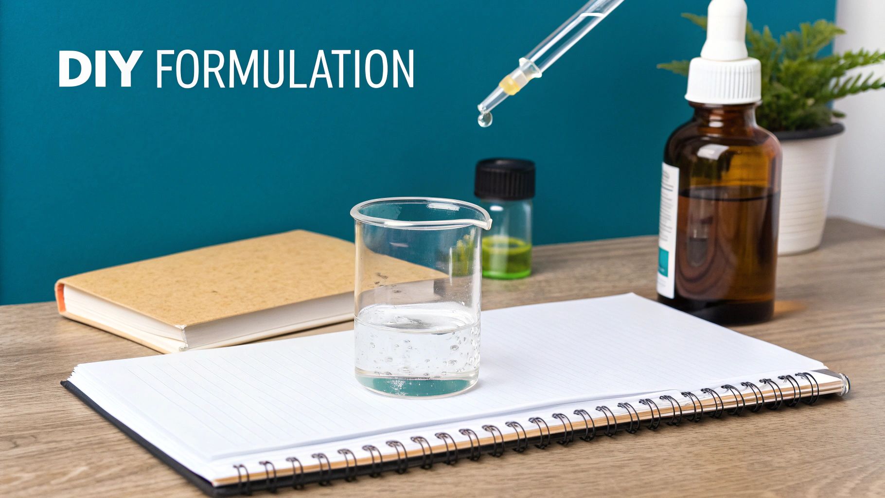 A DIY formulation setup with a beaker, dropper, bottles, and notebooks on a desk.