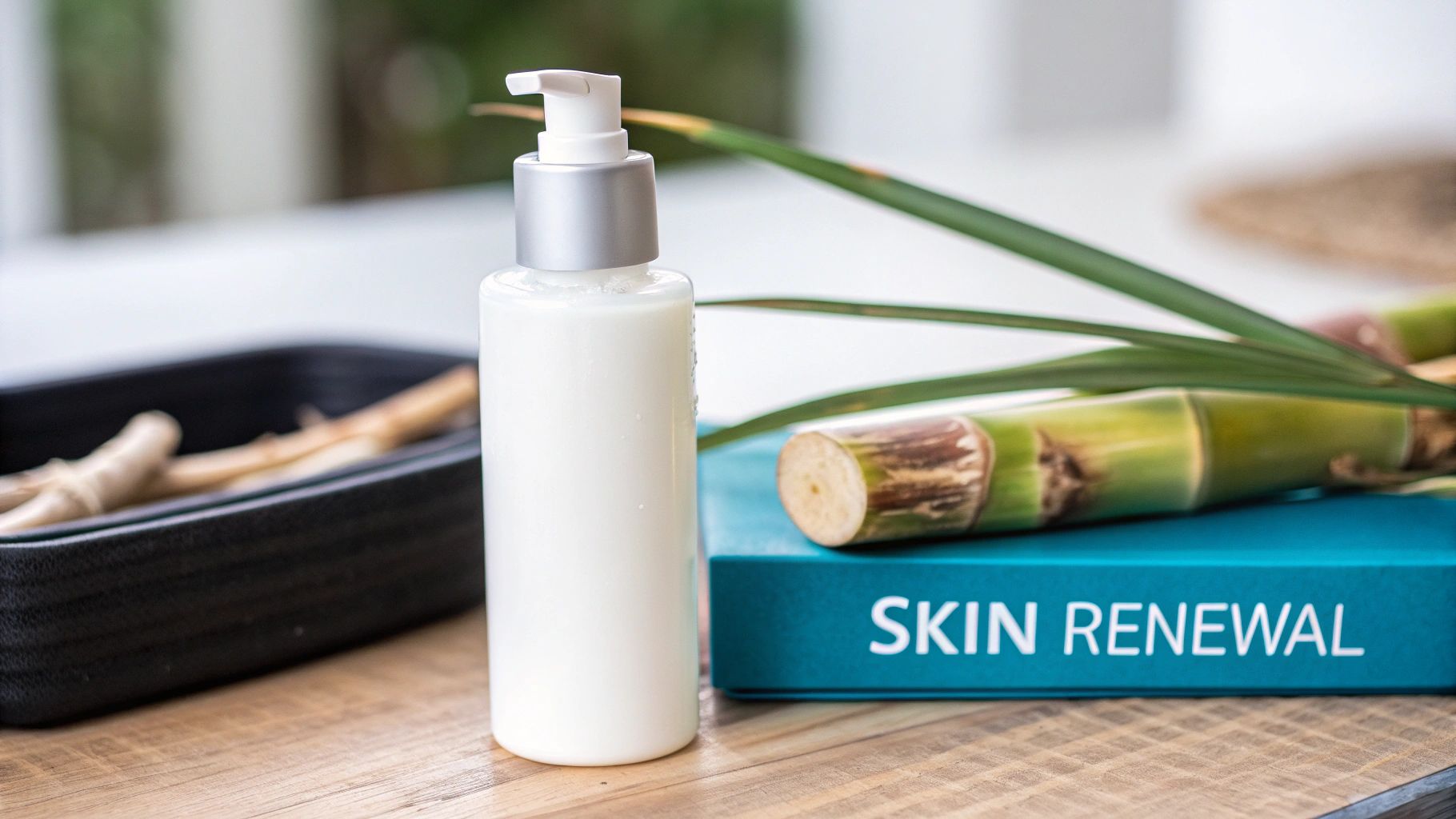 A white pump lotion bottle, fresh sugarcane, and 'SKIN RENEWAL' box on a wooden table.