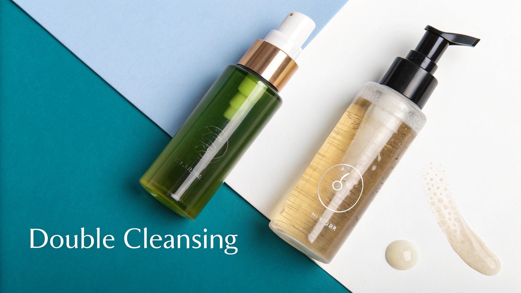Two skincare product bottles, one green and one clear, demonstrating double cleansing with product spills.
