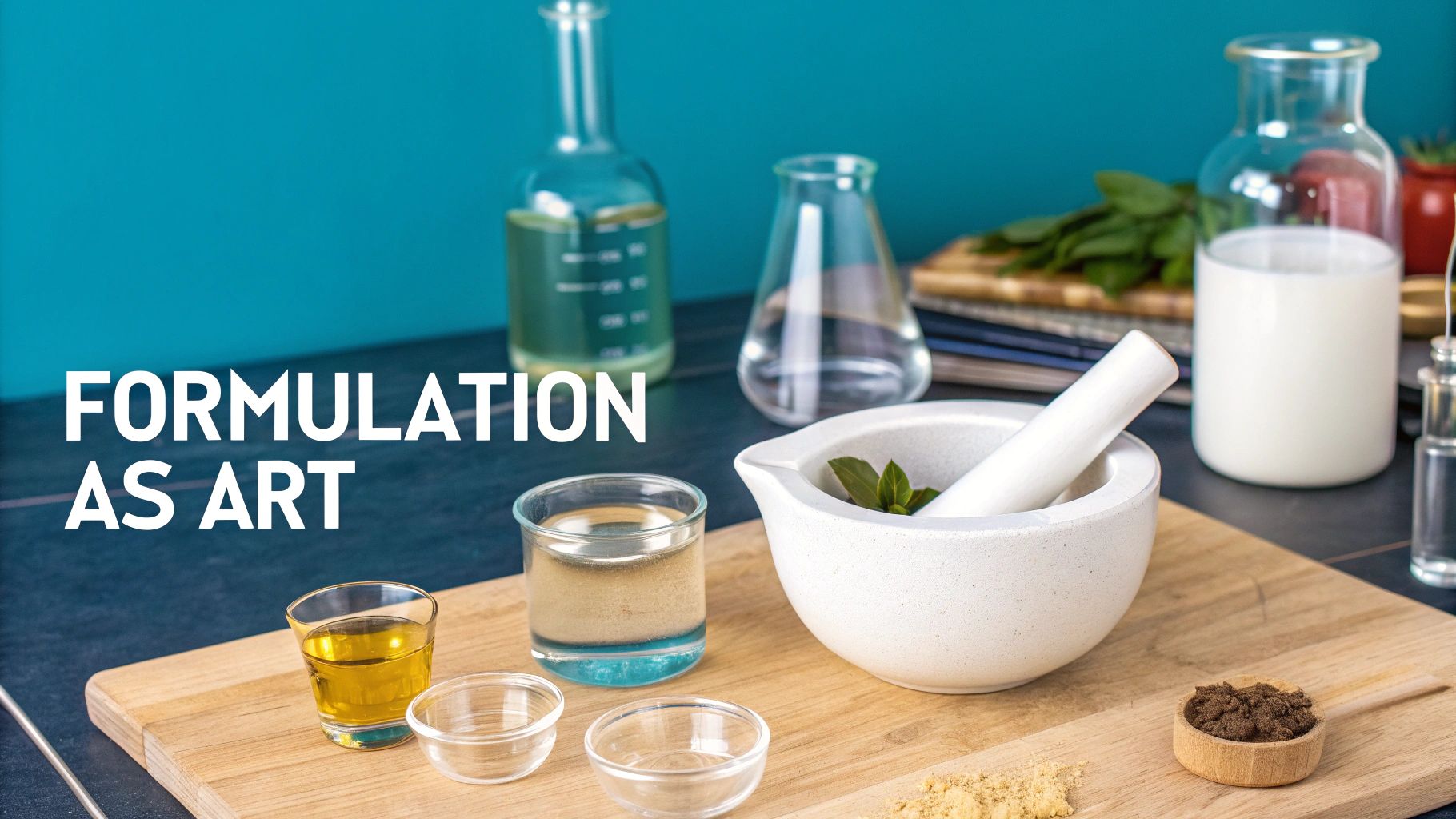 Natural cosmetic formulation ingredients and tools like mortar, pestle, oils, and powders on a wooden board.