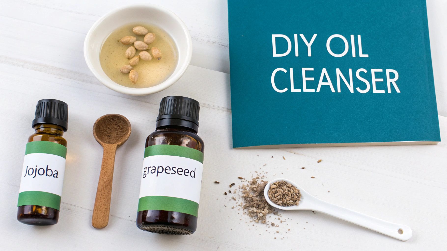 Jojoba and grapeseed oils, seeds, and a DIY oil cleanser book for natural skincare.