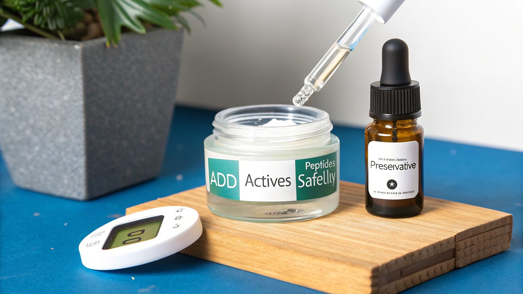 Skincare ingredients including active peptides cream, preservative oil, and a digital scale on a wooden board.
