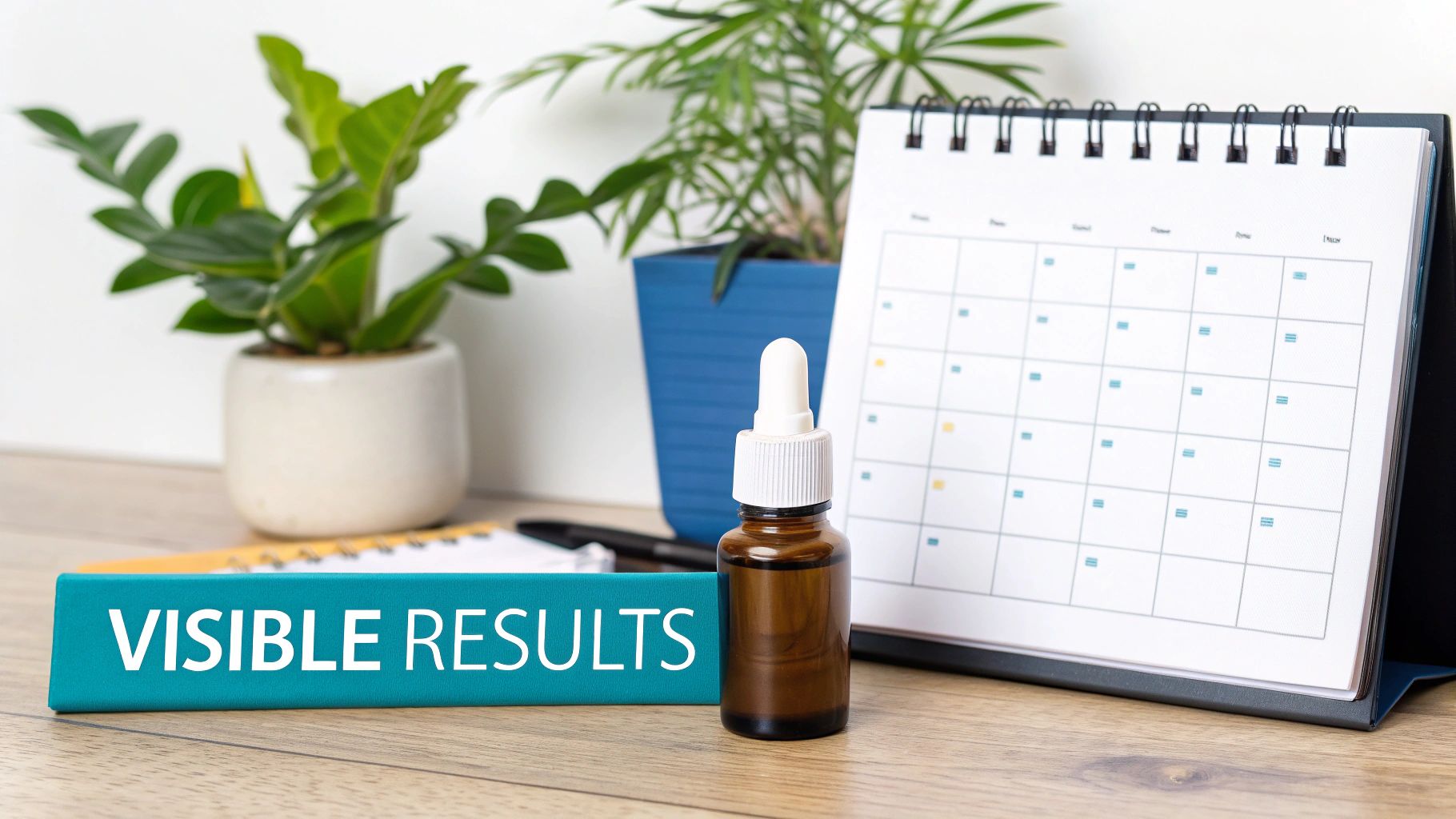 A desk setup featuring a brown dropper bottle, calendar, green plants, and a sign displaying 'VISIBLE RESULTS'.