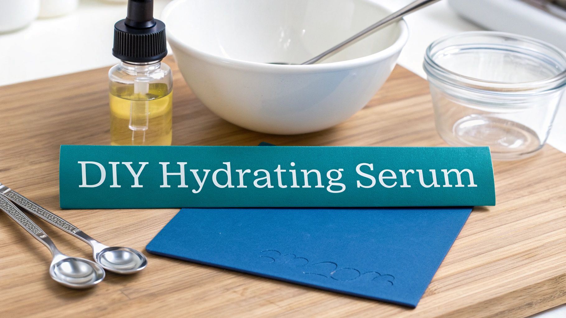 A DIY hydrating serum setup with various ingredients, tools, and a sign on a wooden board.