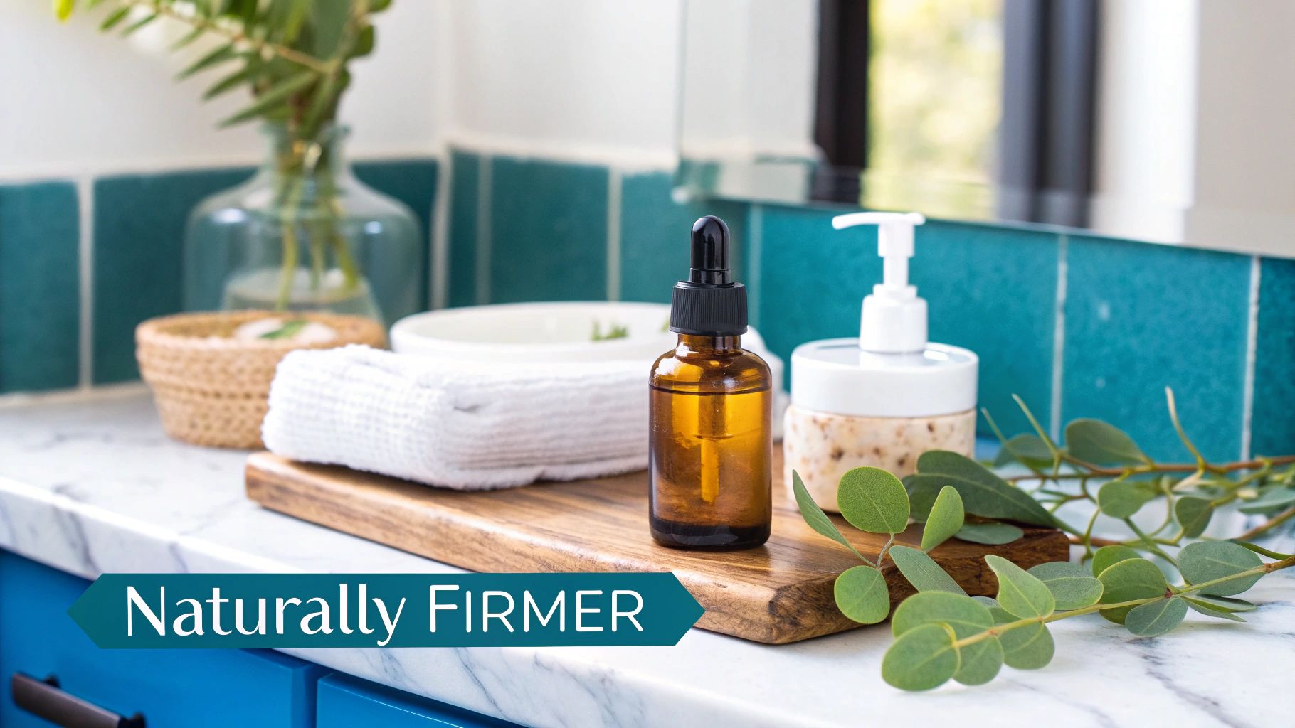 A bathroom counter with natural skincare products like an oil dropper bottle, soap, and eucalyptus, conveying natural firmness.