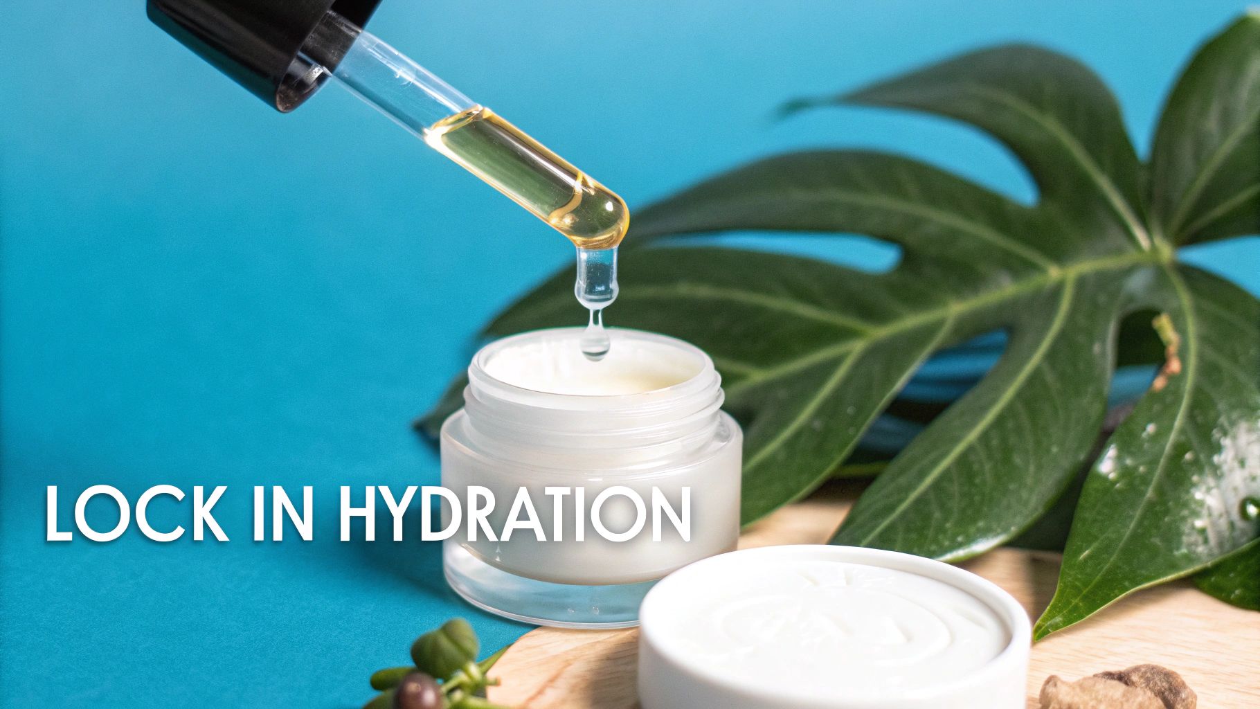 Close-up of a dropper dispensing golden serum into a white jar of hydrating cream, with green leaves.