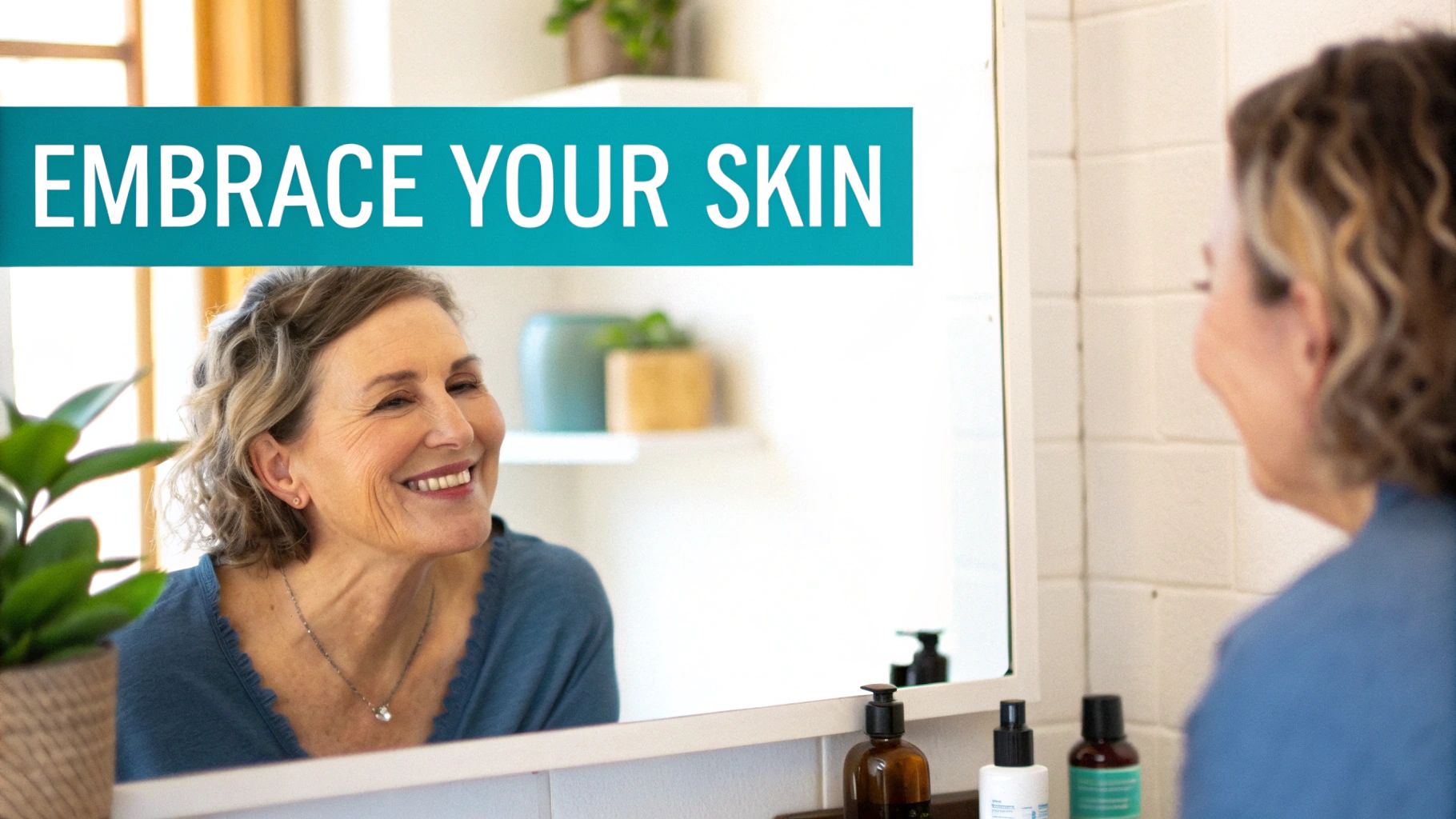 Mature woman smiling at her reflection in a bathroom mirror, with skincare products on the counter.