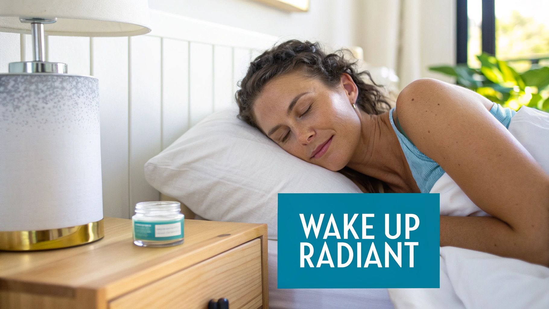 Woman sleeping soundly in bed with a night cream on the nightstand, promoting radiant skin.