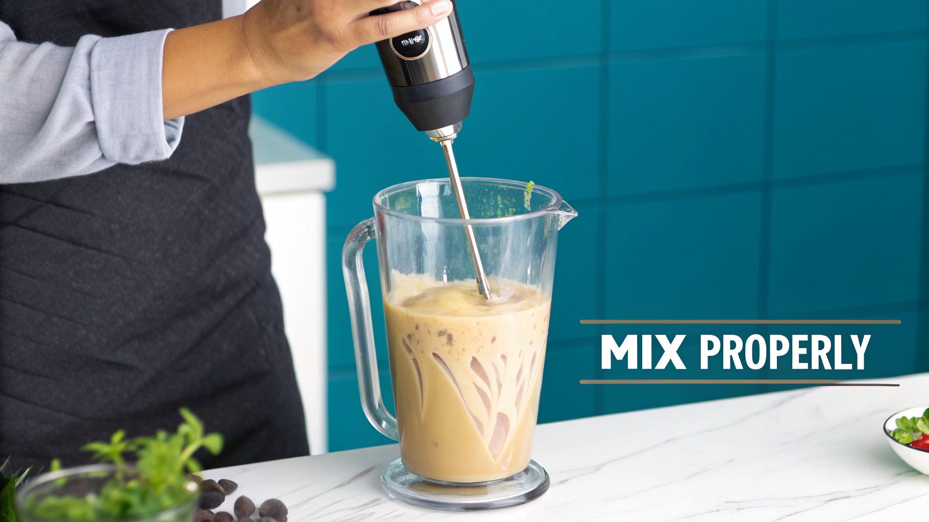 A person's hands using a stick blender to emulsify lotion in a glass beaker.