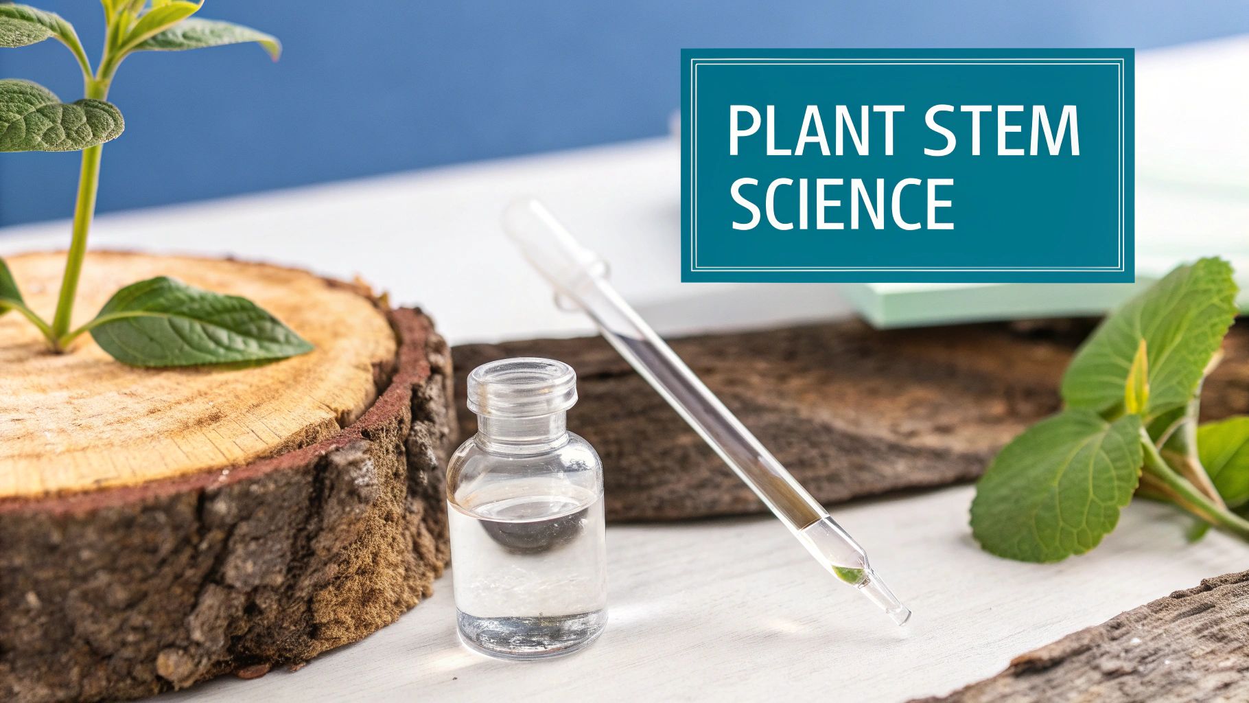 A plant growing from wood, a dropper with green liquid, and a bottle next to text 'PLANT STEM SCIENCE'.