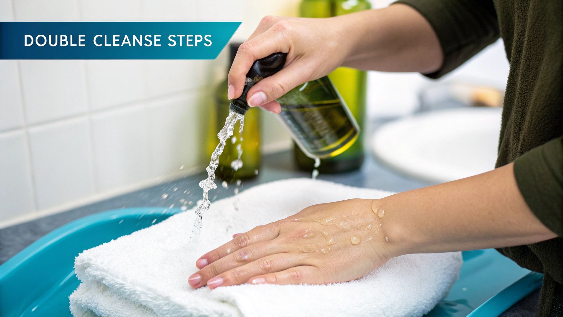 A person pouring water from a bottle onto their hand resting on a white towel for double cleansing.