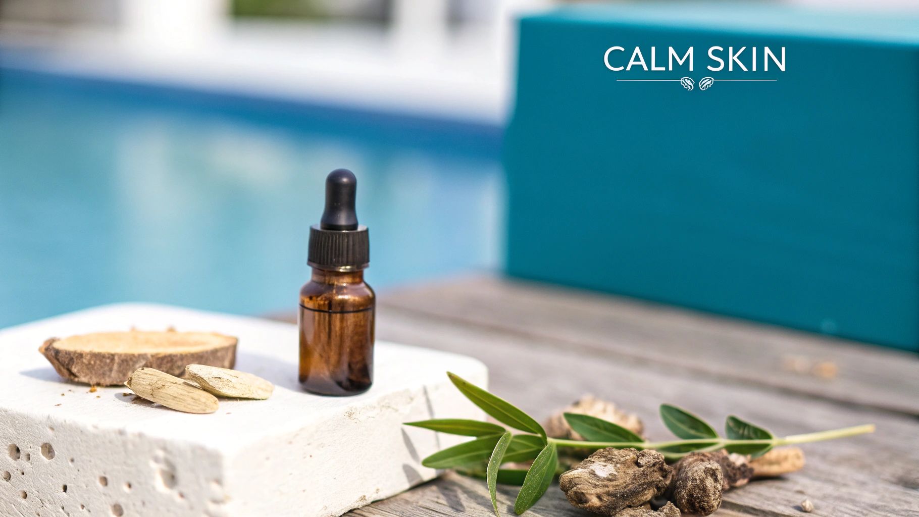 A woman with a serene expression, touching her calm, clear cheek