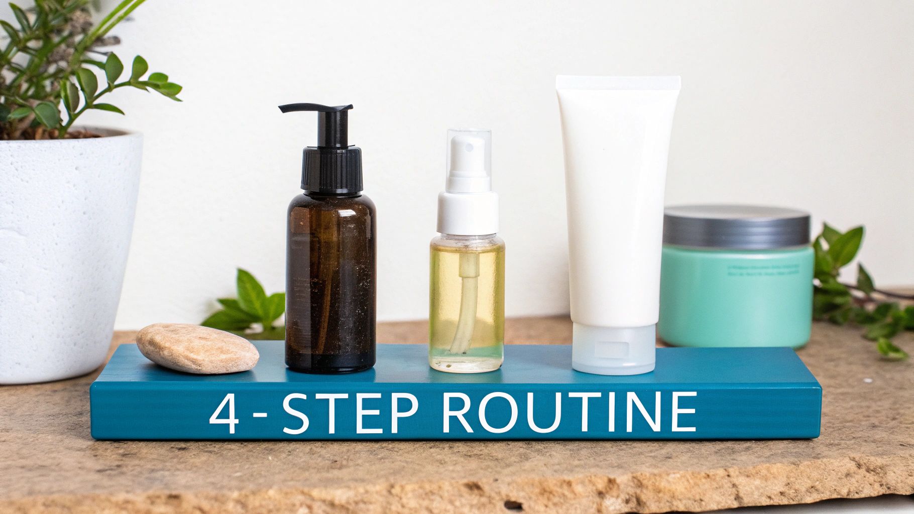 Four organic clean beauty products on a teal stand with a '4-STEP ROUTINE' label.