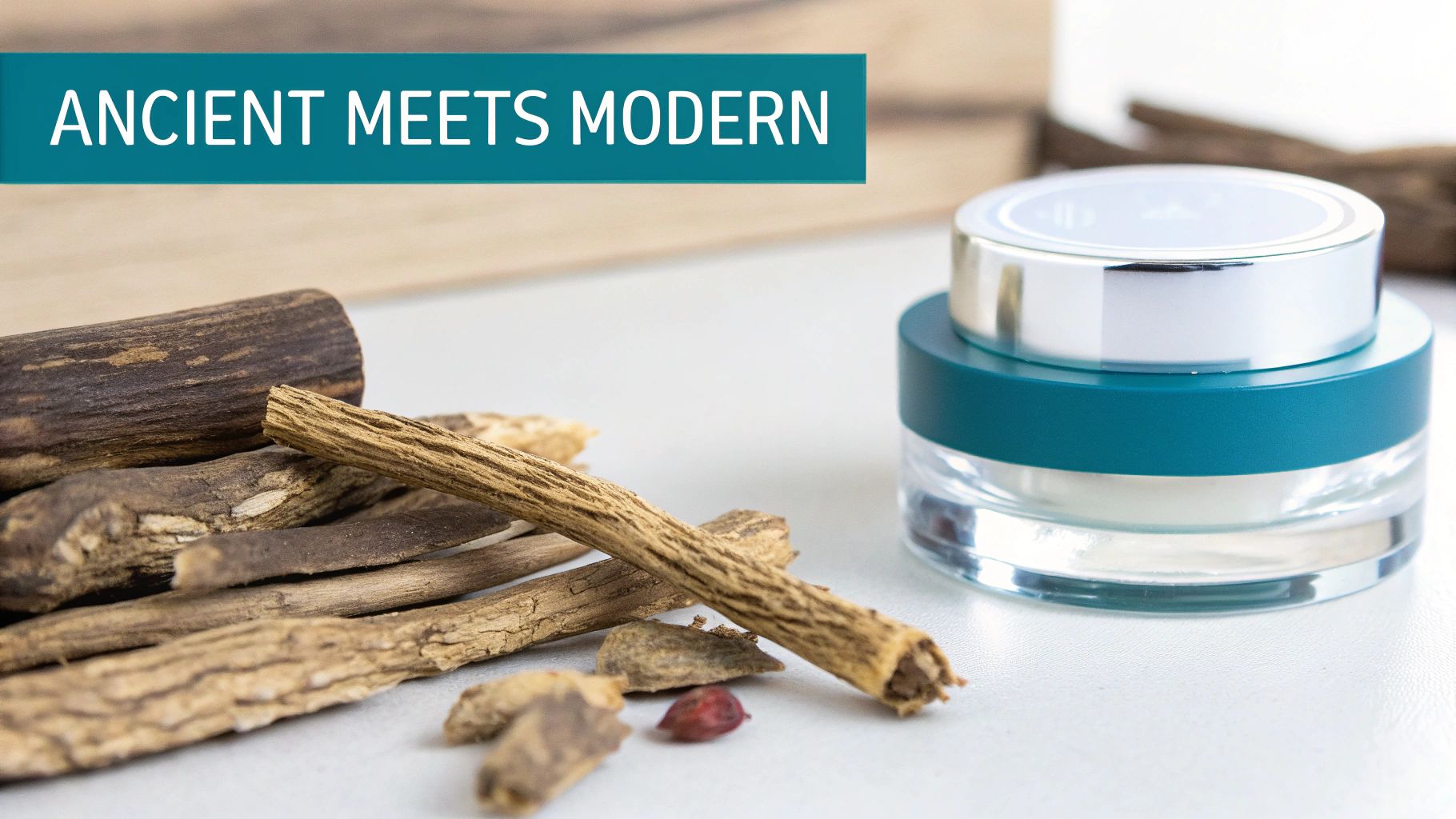 Woman holding licorice root next to her clear skin