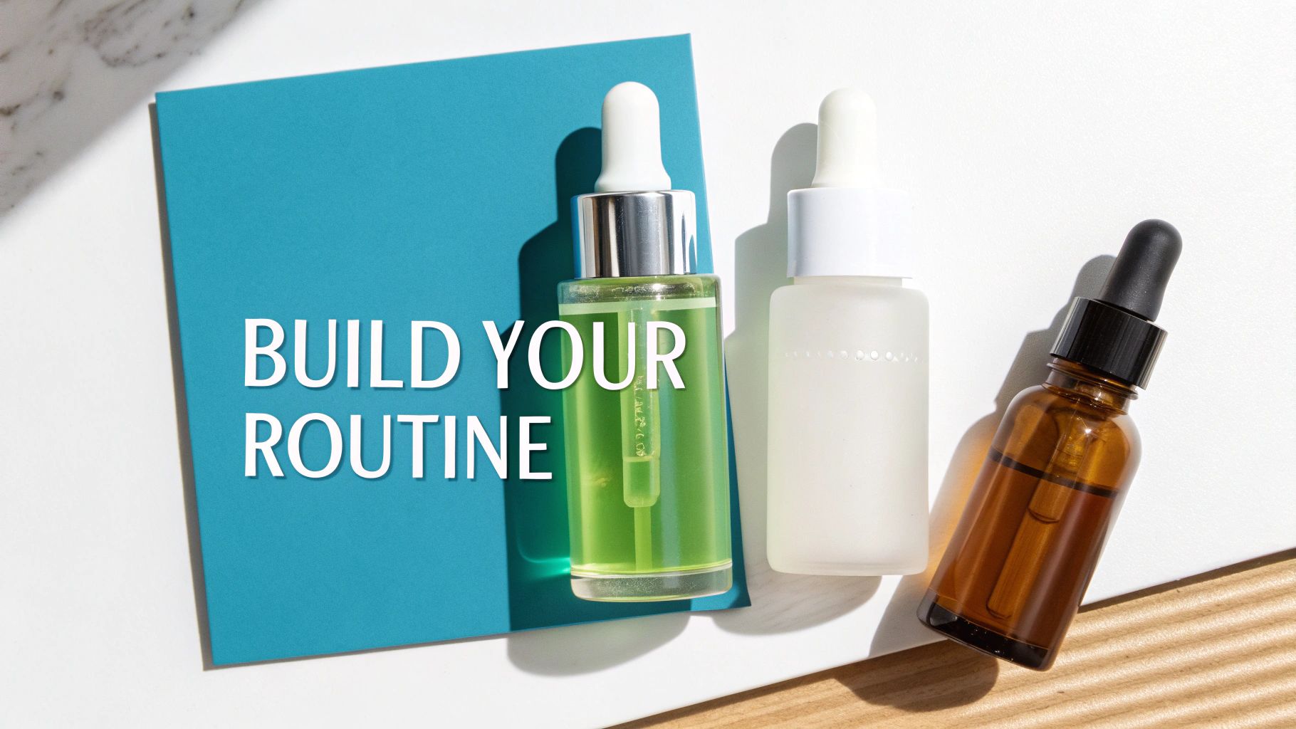 Three skincare serums in dropper bottles with a 'BUILD YOUR ROUTINE' sign on a white background.