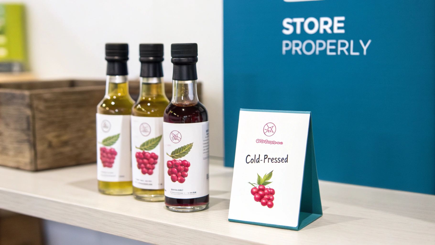 Three cold-pressed raspberry seed oil bottles, two yellow and one red, displayed on a shelf.