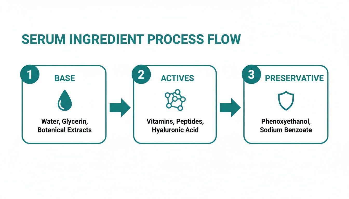 Serum ingredient process flow diagram: Base (Water, Glycerin), Actives (Vitamins, Peptides), and Preservative (Phenoxyethanol).