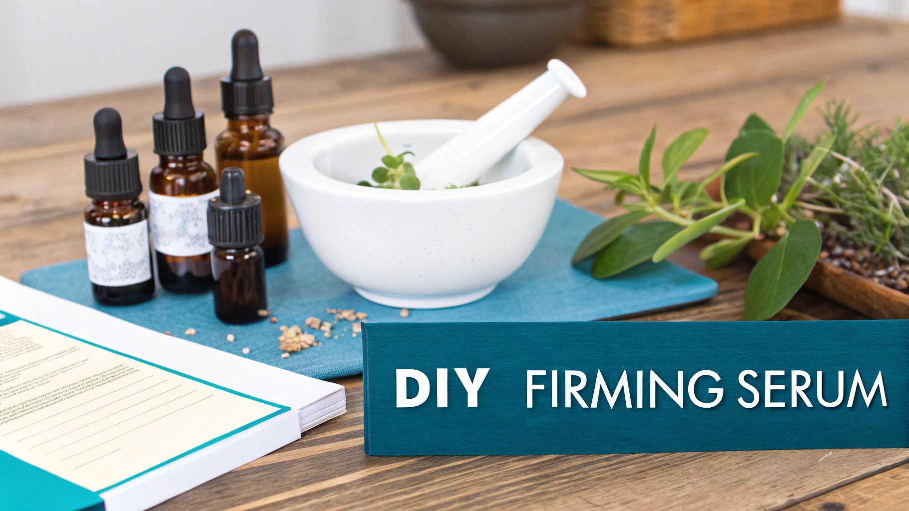 A DIY firming serum kit with amber dropper bottles, mortar and pestle, herbs, and a recipe book on a wooden table.