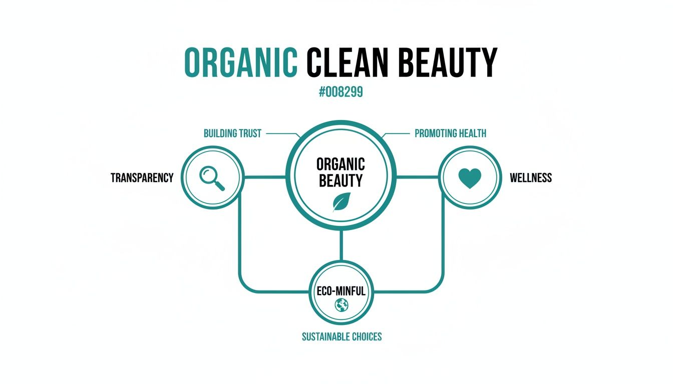 An infographic detailing the principles of organic beauty: transparency for trust, wellness for health, and eco-mindfulness for sustainable choices.