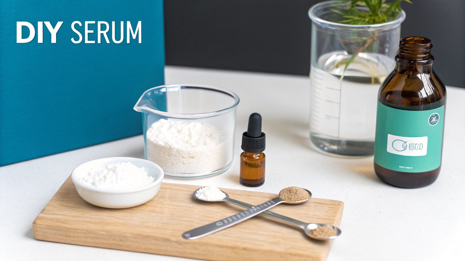 A person using a dropper to add liquid into a beaker, surrounded by skincare formulation supplies.