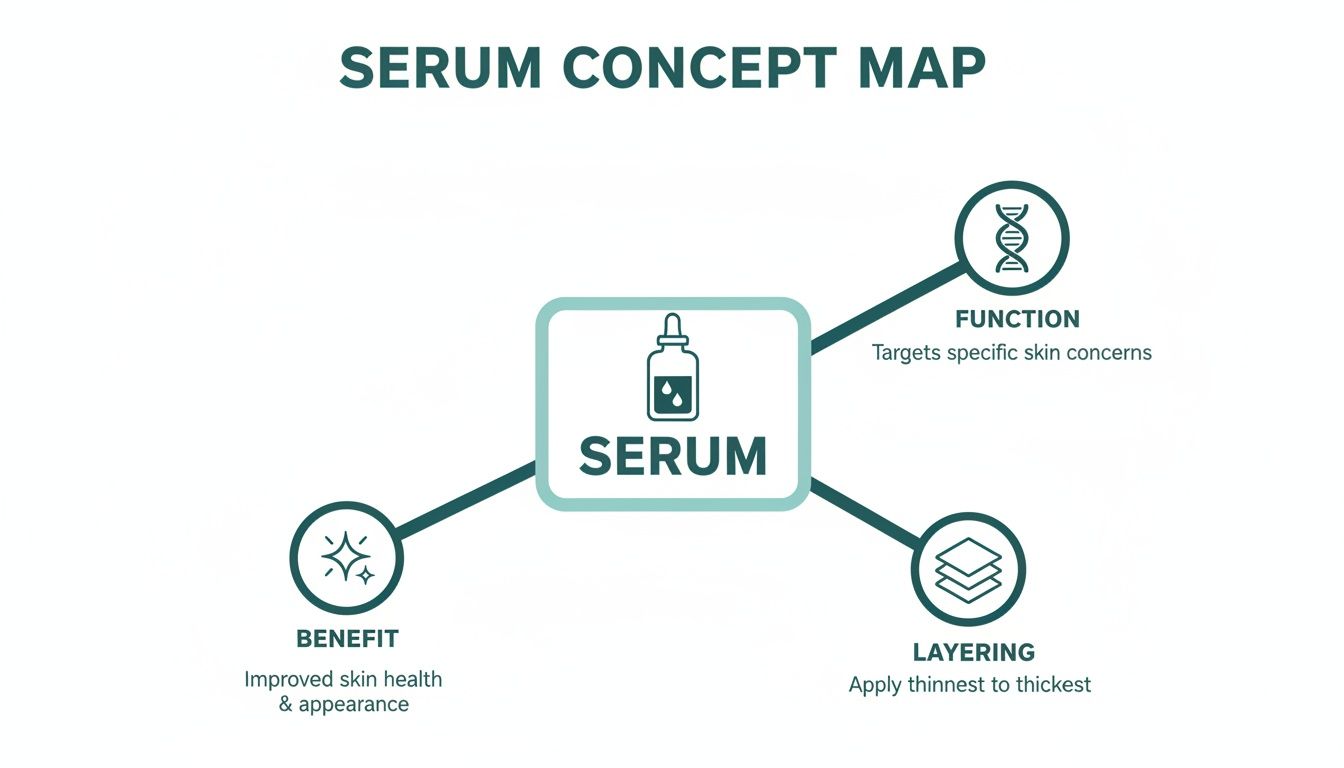 A serum concept map illustrating its function, benefits, and proper layering for skincare.