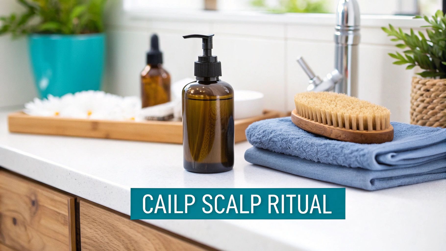 Scalp care items in a bathroom: a brown pump bottle, wooden brush, and blue towels on a white counter.