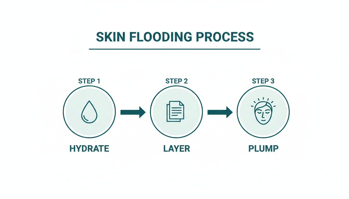 A three-step diagram illustrates the skin flooding process: hydrate, layer, and plump for glowing skin.
