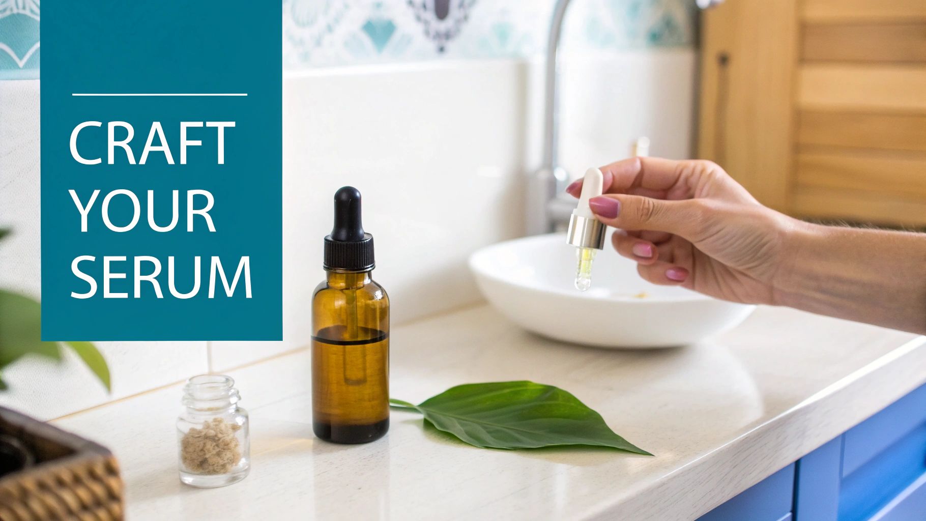A hand holds a dropper with yellow liquid over a bottle of serum on a counter. Text: CRAFT YOUR SERUM.