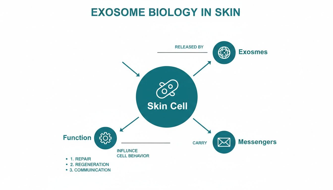 Diagram illustrating exosome biology in skin, showing skin cell interactions, functions, and messengers.